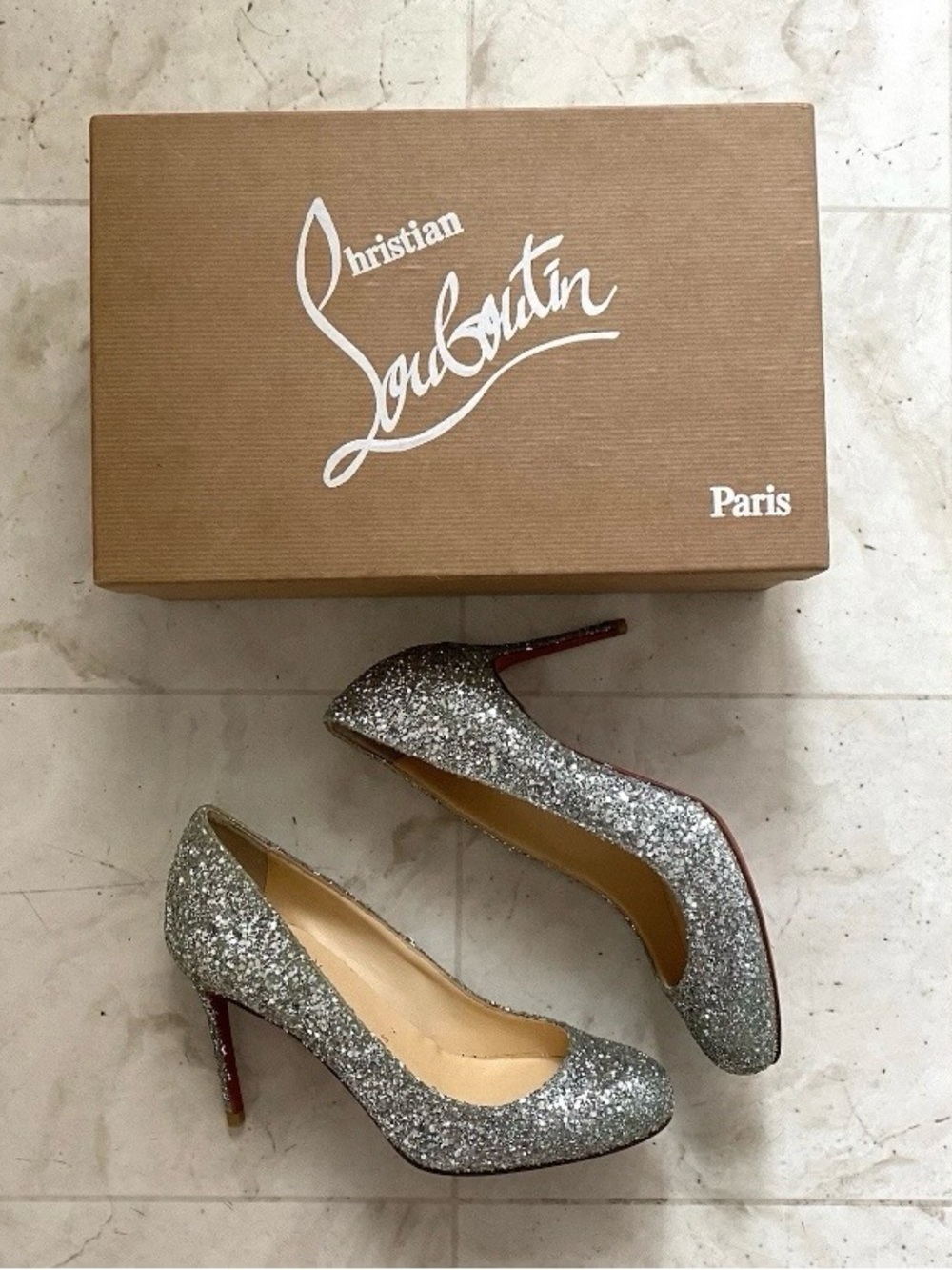 Christian Louboutin Made in Italy Fifille 85 Silver Glitter Pumps Heels Size 6.5